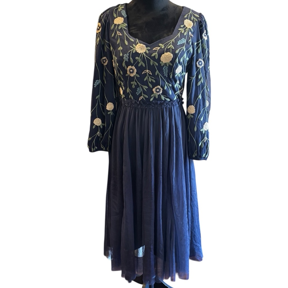 JessaKae Leah Ryder Navy Floral Embroidered Midi Dress, Tulle Skirt, Small - Picture 2 of 14